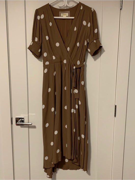 Anthropologie Dresses & Skirts - Anthropologie Brown Midi Wrap Dress with White Polka Dots